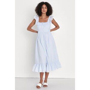 Lulus Perfect For Palermo Blue Striped Ruffled Button-front Midi Dress - Size S